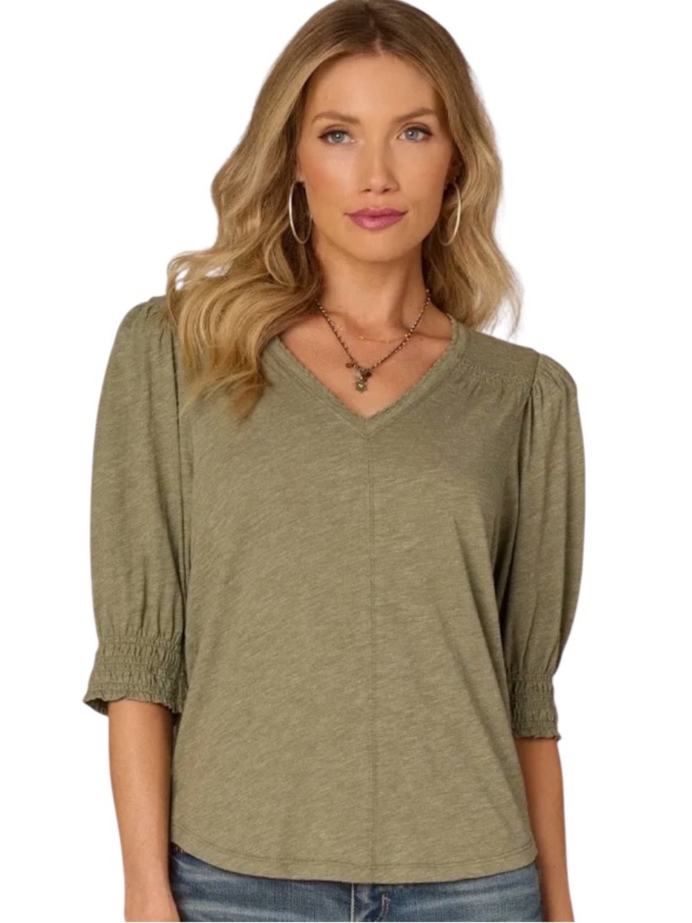 Democracy Oregano green Elbow Blouson Sleeve Scallop V-Neck Smocked Knit Top